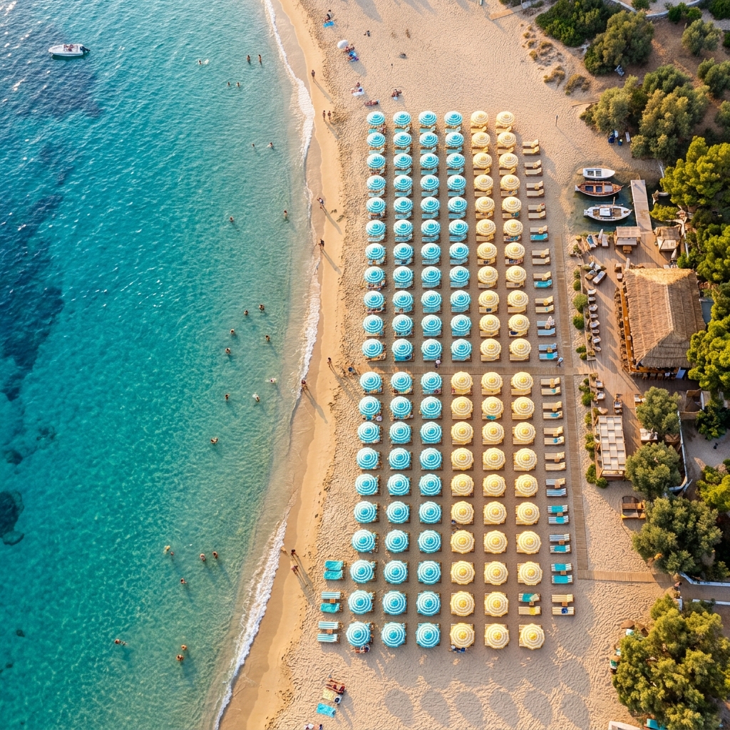 Aerial view of Mediterranean beach club with organized umbrella rows and crystal blue water